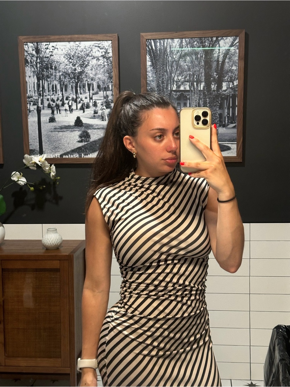 Sleeveless High-Neck Striped Midi Dress in Beige and Black